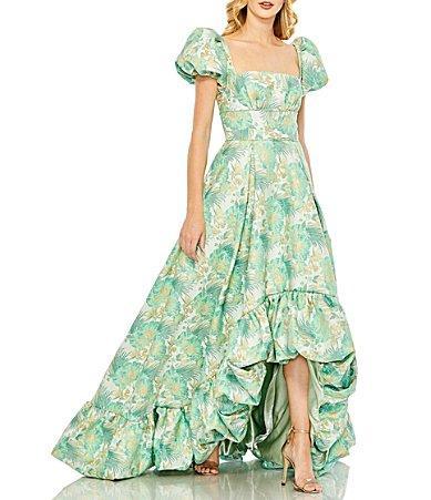 Mac Duggal Womens Floral Print Puff Sleeve Hi-Lo Brocade Gown Product Image