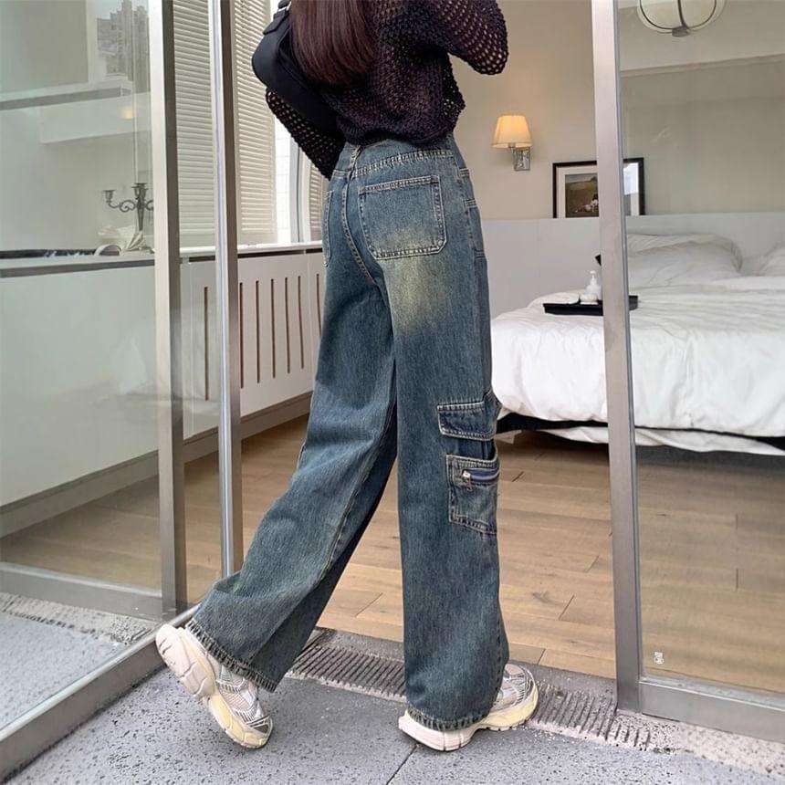 Mid Waist Washed Wide Leg Cargo Jeans Product Image