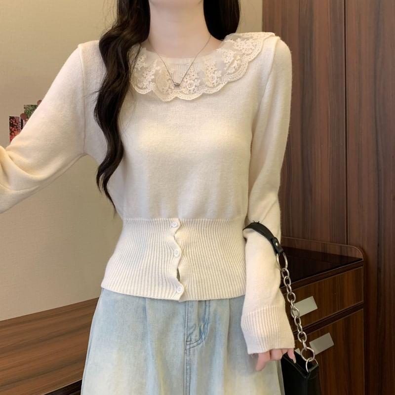 Long-Sleeve Lace Panel Button Hem Knit Top Product Image