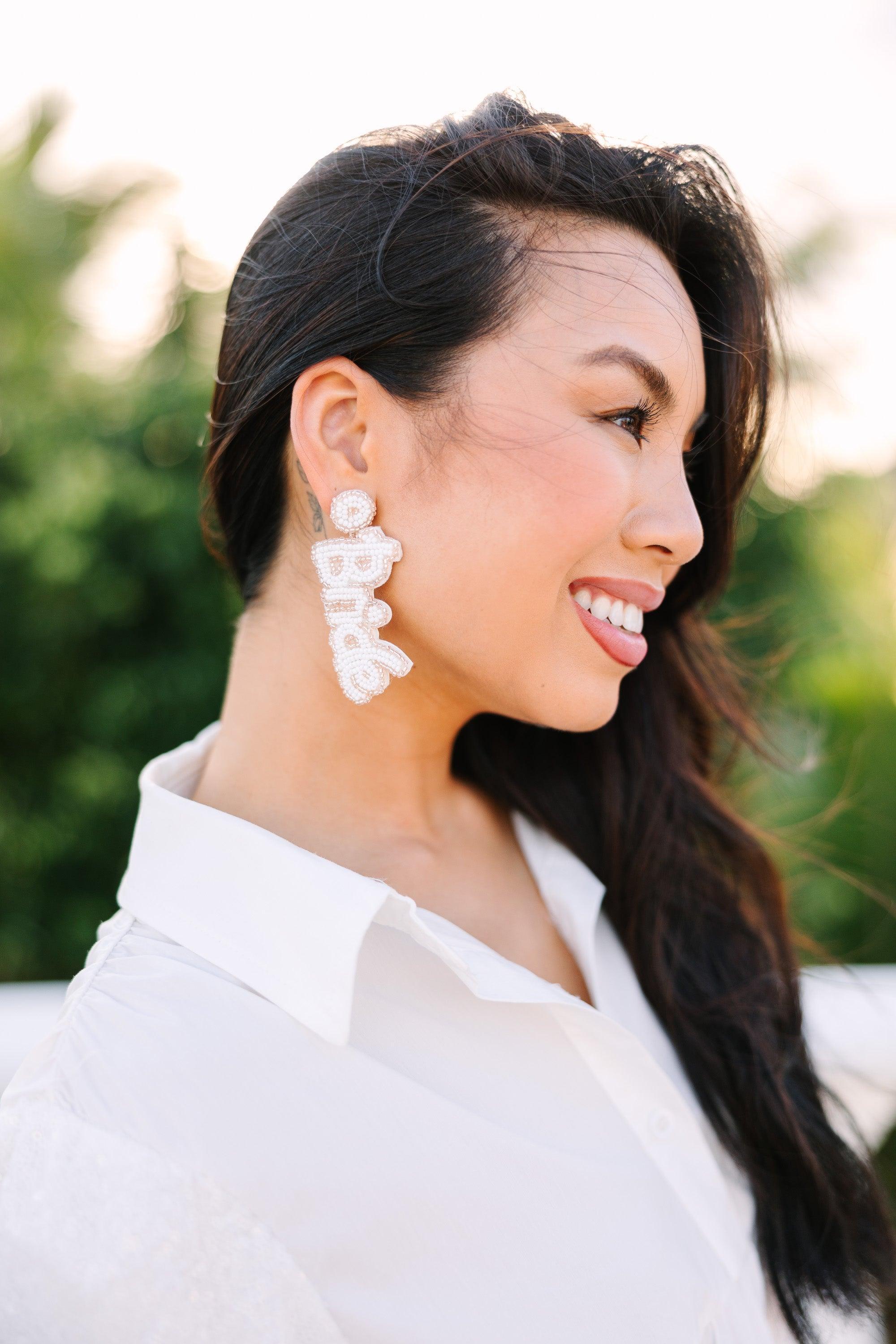 Bride White Beaded Earrings Female Product Image