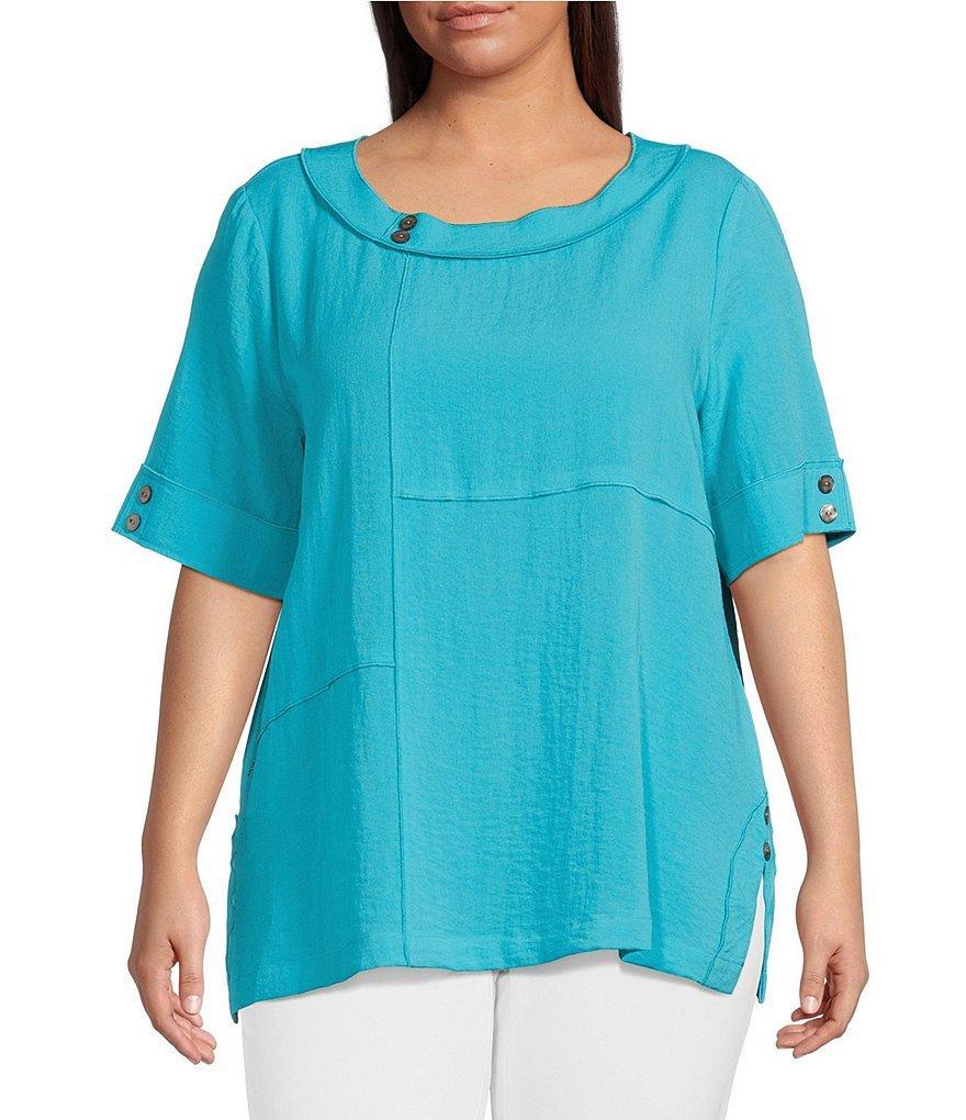 Ali Miles Plus Size Textured Woven Contrast Stitch Round Neck 3/4 Sleeve Tunic product image