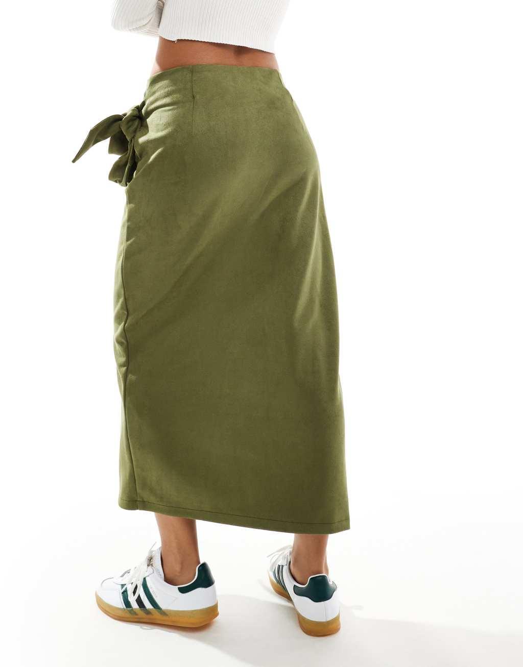 ASOS DESIGN wrap tie detail faux suede maxi skirt in khaki Product Image