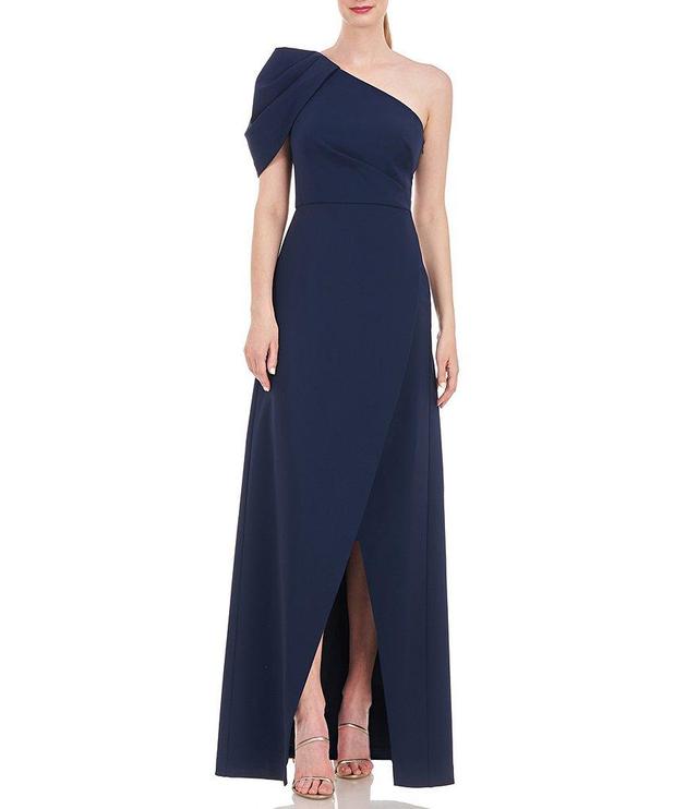 Kay Unger Briana Stretch Crepe Asymmetrical Neck Short Drape Puff Sleeve Tulip Side Slit Gown Product Image