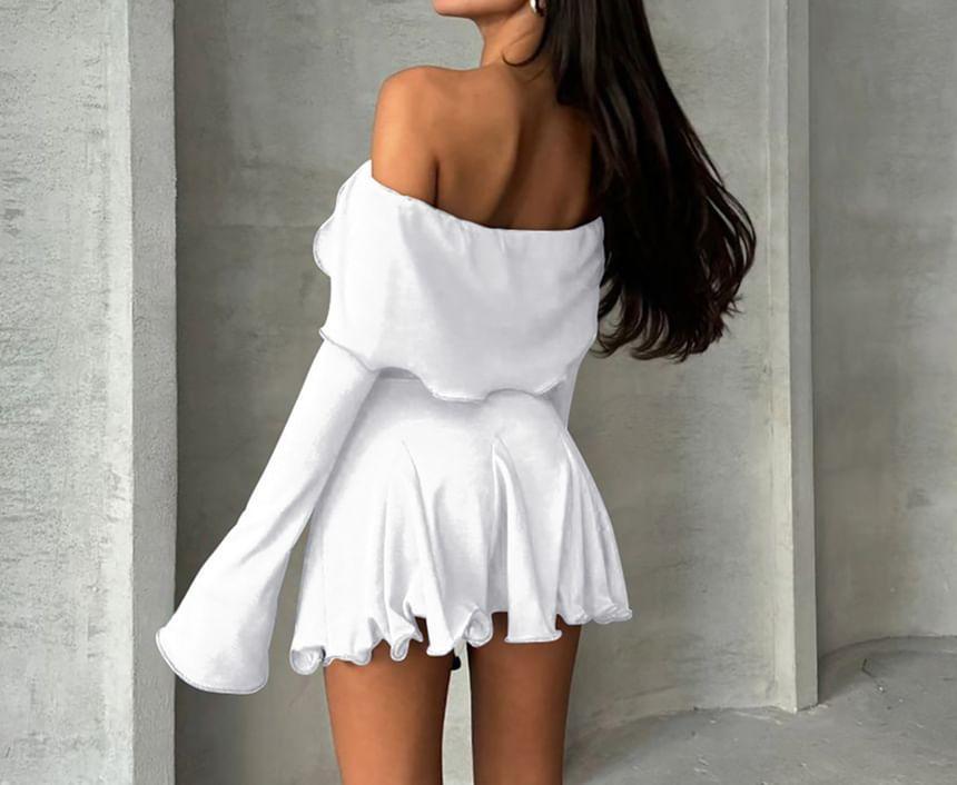 Long-Sleeve Off-Shoulder Plain Ruffle Trim Mini A-Line Dress Product Image