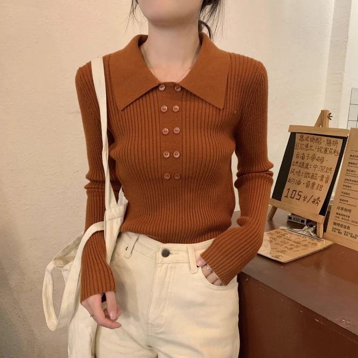 Polo Collar Plain Ribbed Knit Crop Top Product Image