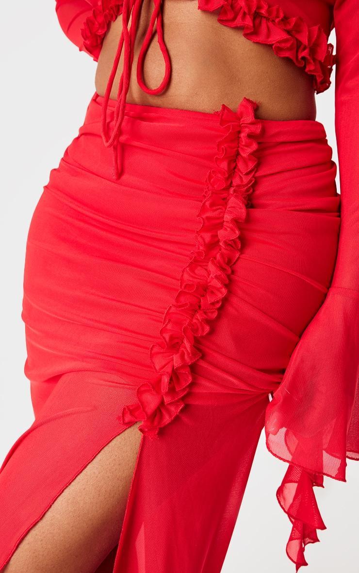 Shape Red Low Rise Frill Detail Side Split Maxi Skirt Product Image