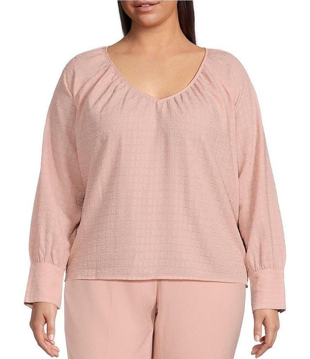Calvin Klein Plus Size Textured Woven V-Neck Long Cuff Sleeve Top Product Image