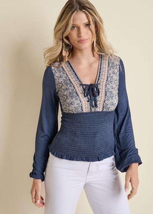 Smocked Border Print Top Product Image