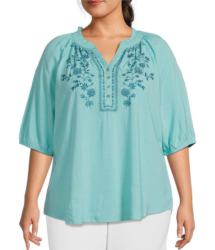 Westbound Plus Size 3/4 Sleeve Ruffle V-Neck Embroidered Yoke Partial Button Front Top Product Image