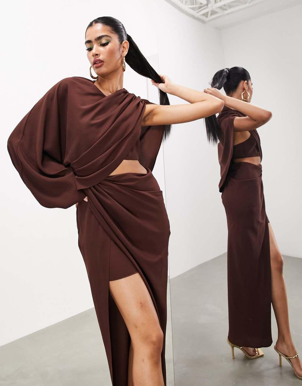 ASOS EDITION draped one sleeve maxi dress in chocolate brown Product Image