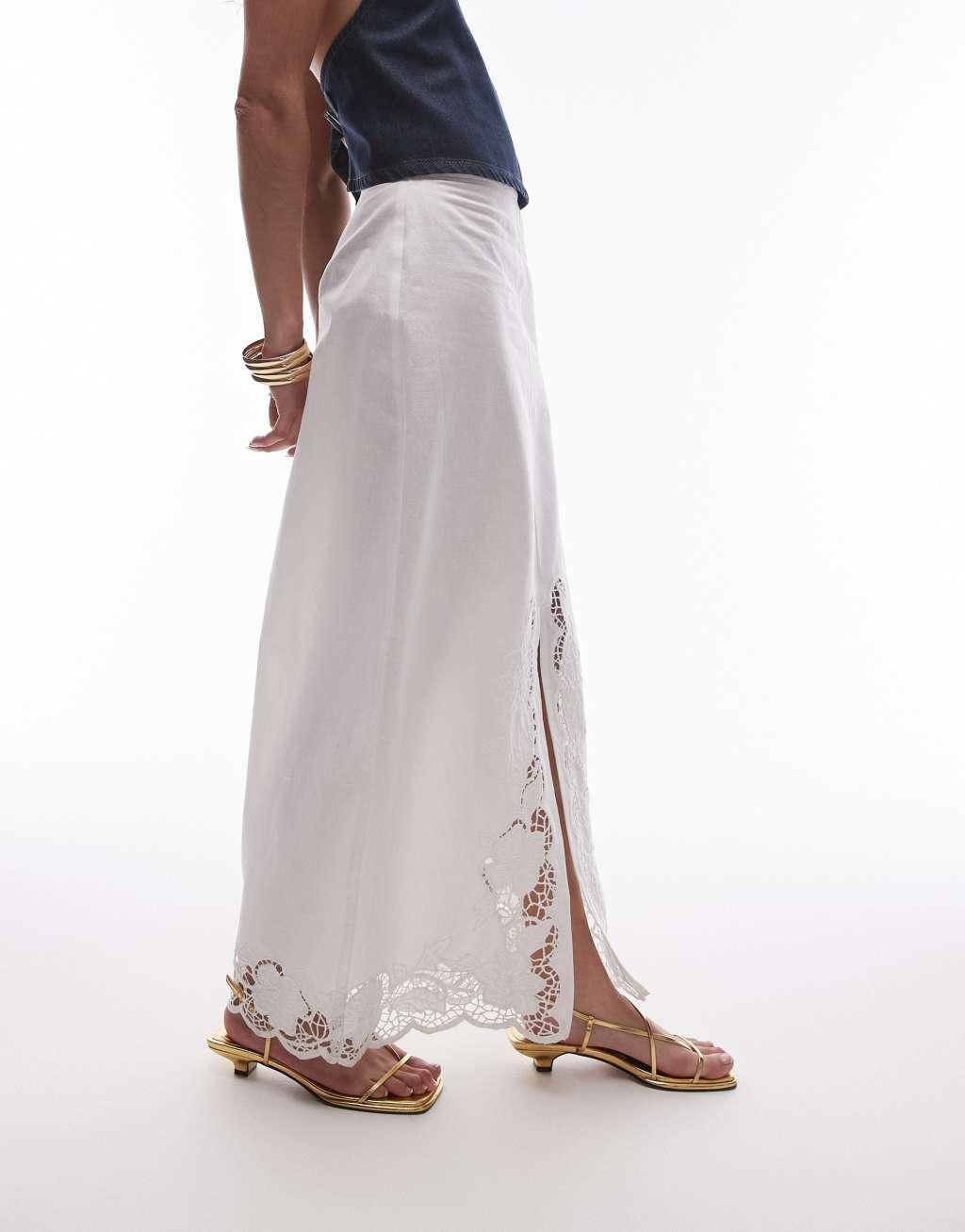 Topshop cutwork trim midi skirt in white Product Image