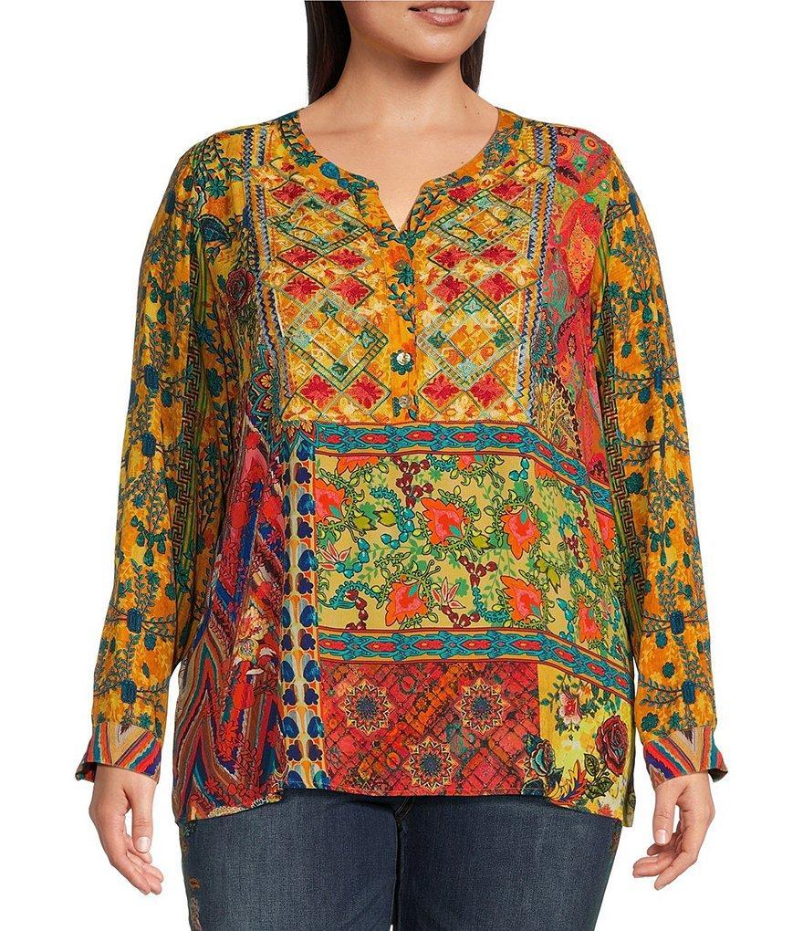 John Mark Plus Size Floral Printed Crew Neck Long Sleeve Button Up Tunic Product Image