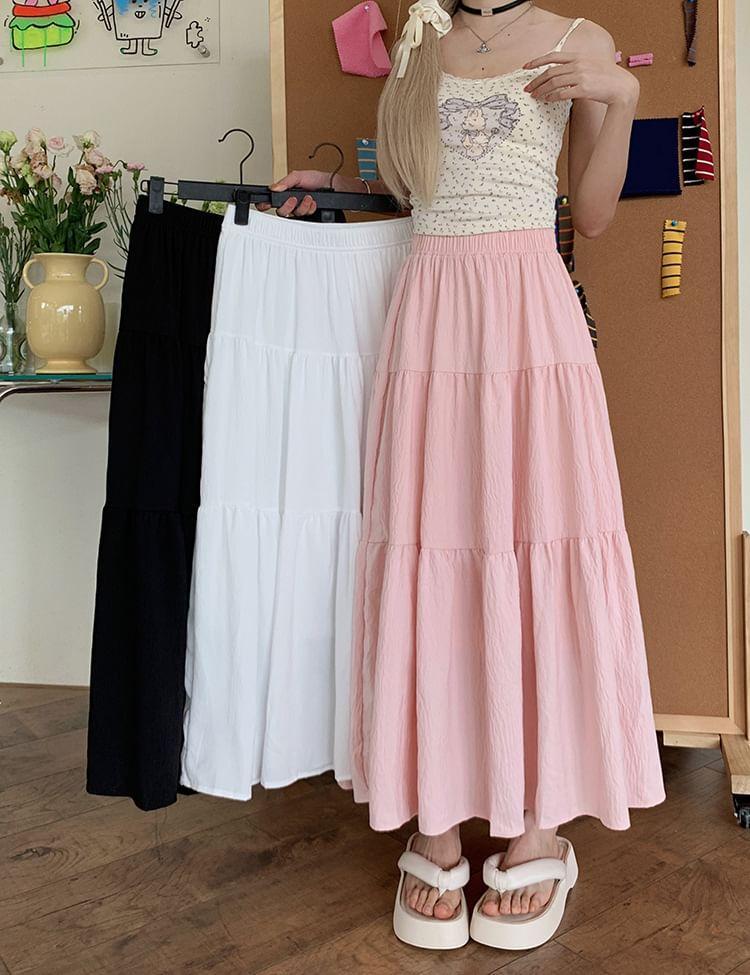 Elastic Waist Plain Tiered Maxi A-Line Skirt Product Image