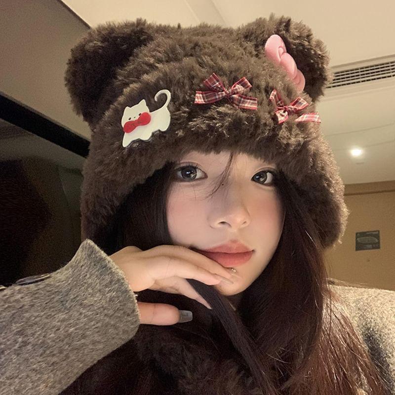 Bear Ear Applique Fluffy Knit Bonnet Product Image