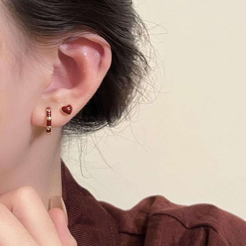 Set: Heart Glaze Stud Earring + Huggie Earring Product Image