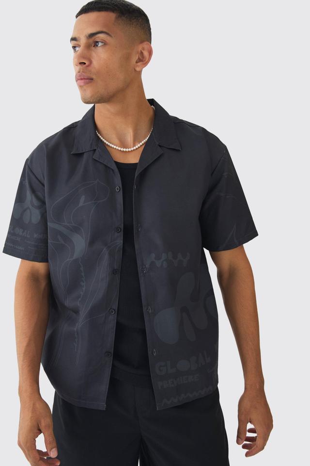 Mens Black Oversized Lightweight Twill Abstract Print Revere Shirt, Black Product Image