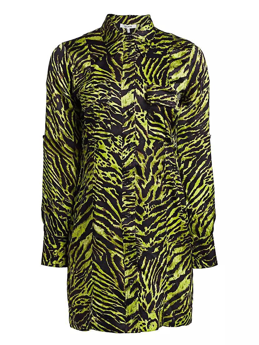 Stretch Silk Satin Tiger-Stripe Shirtdress Product Image