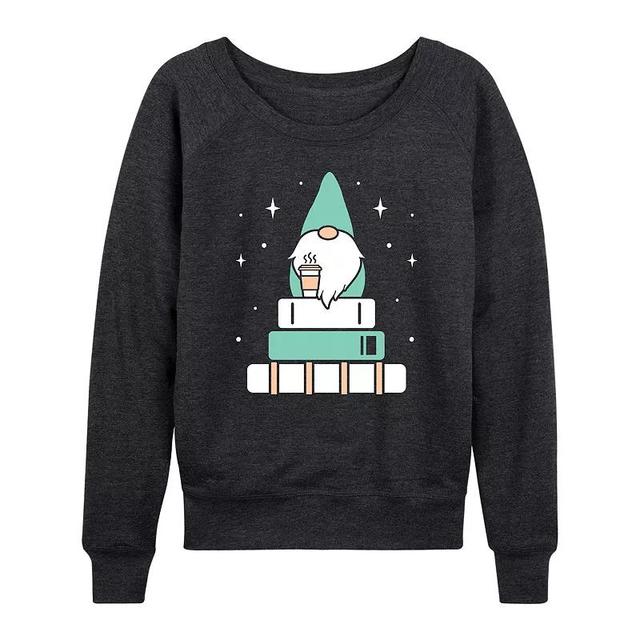 Womens Gnome with Coffee and Books Slouchy Graphic Sweatshirt Heather Grey Product Image