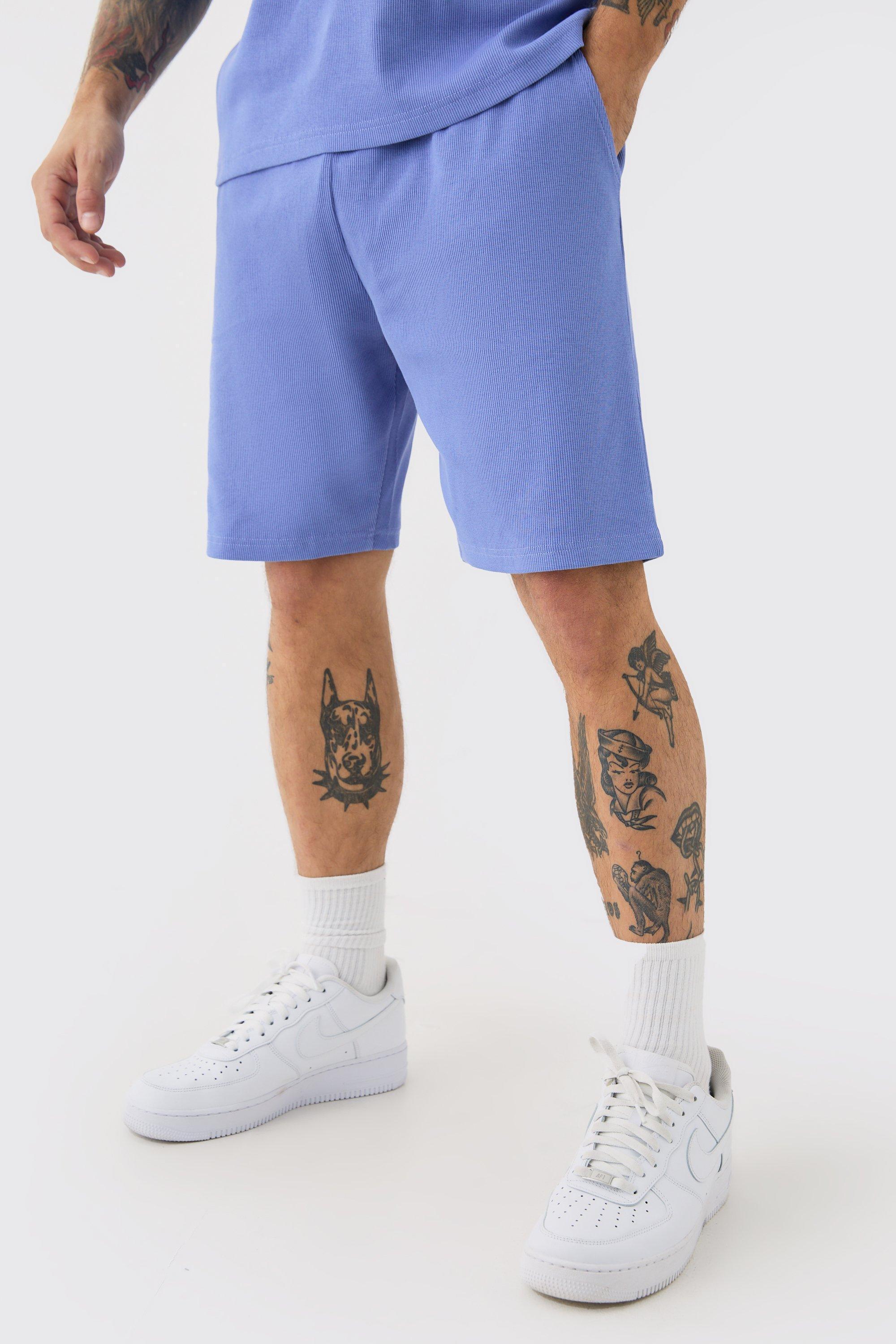 Mens Blue Loose Fit Mid Length Heavyweight Ribbed Shorts, Blue Product Image