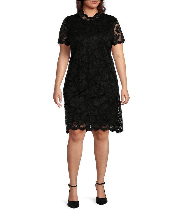 Marina Plus Size Scalloped Lace Mock Neck Short Sleeve Sheath Dress Product Image