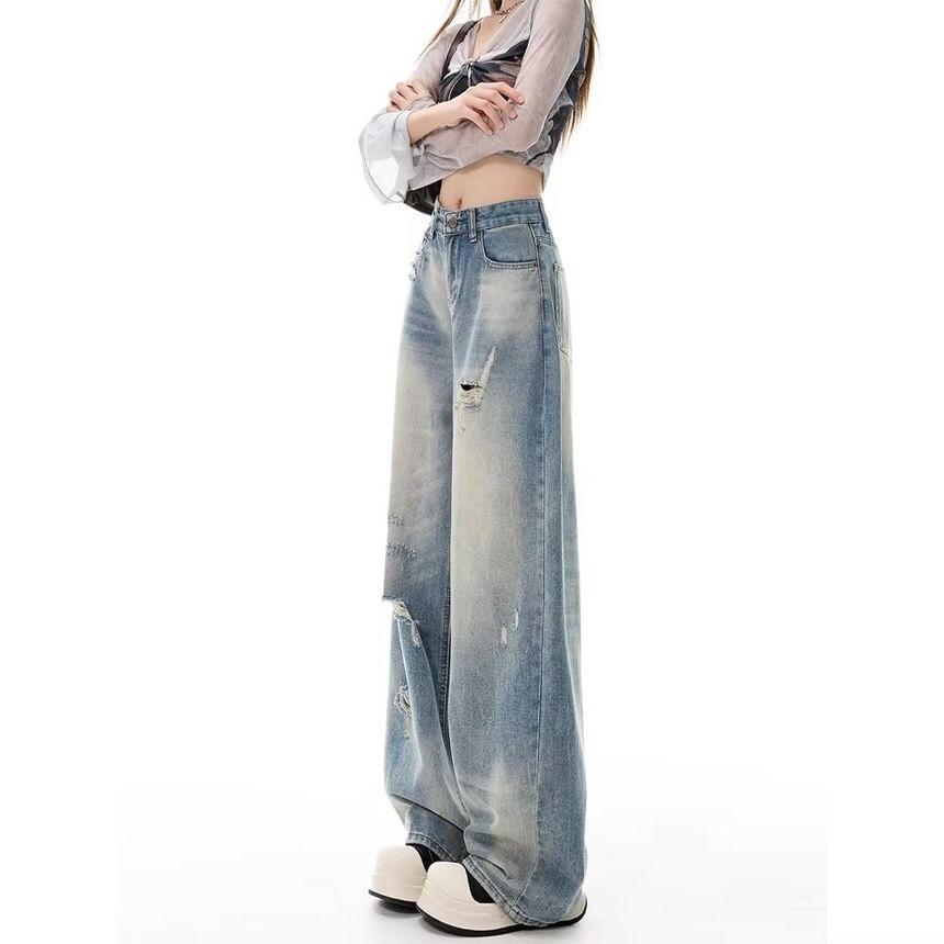 High Waist Distressed Washed Wide Leg Jeans Product Image