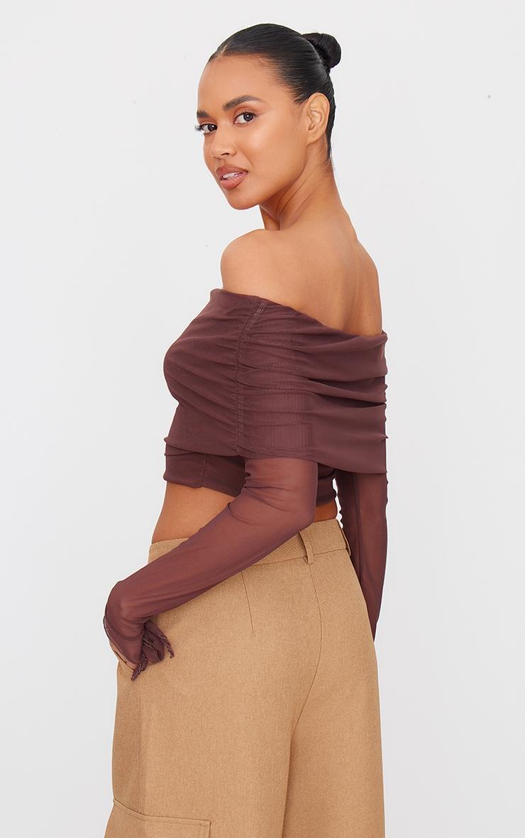 Chocolate Mesh Ultra Long Drape Sleeve Crop Top Product Image