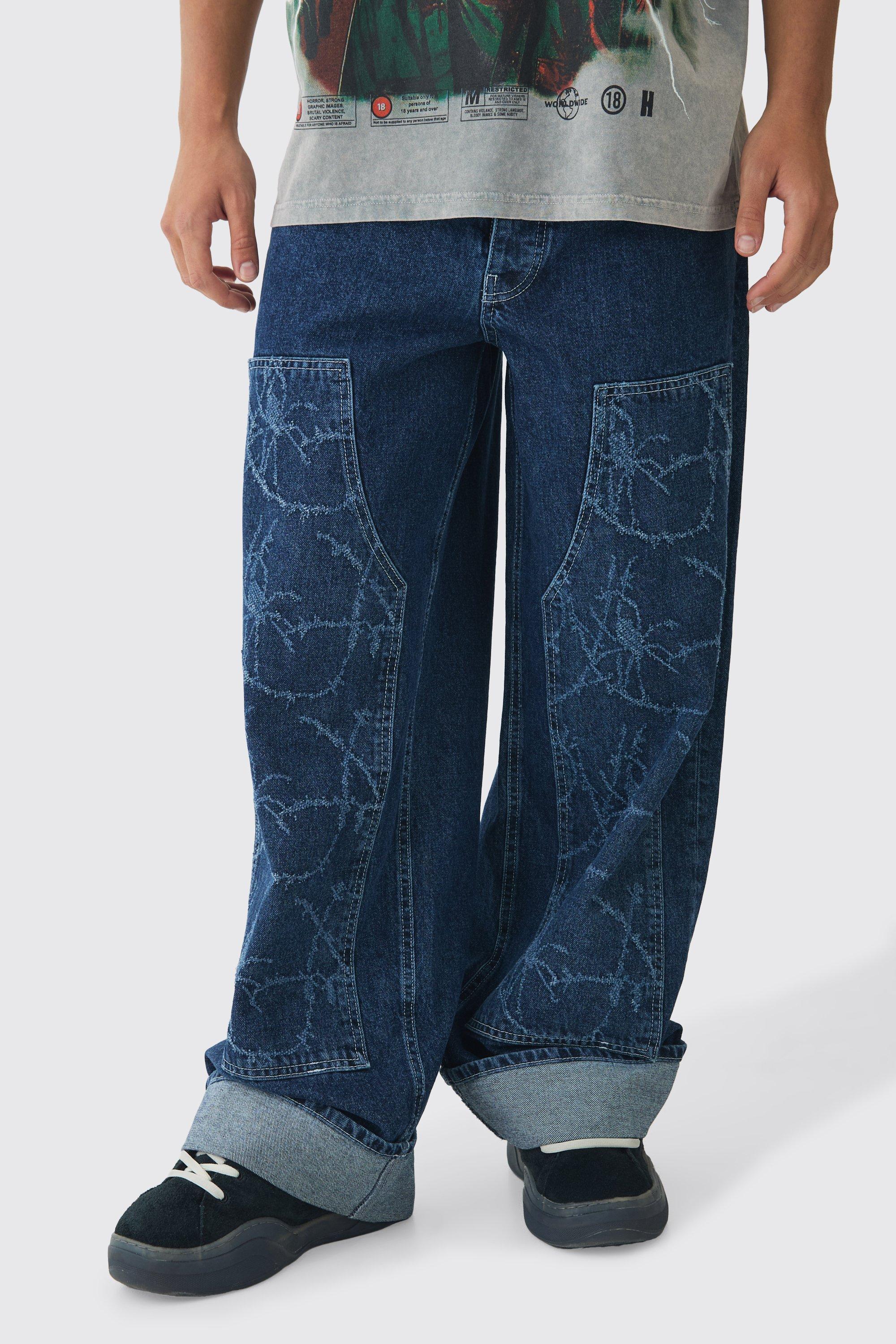 Baggy Fit Rigid Barbed Wire Laser Print Carpenter Jeans | boohooMAN USA Product Image