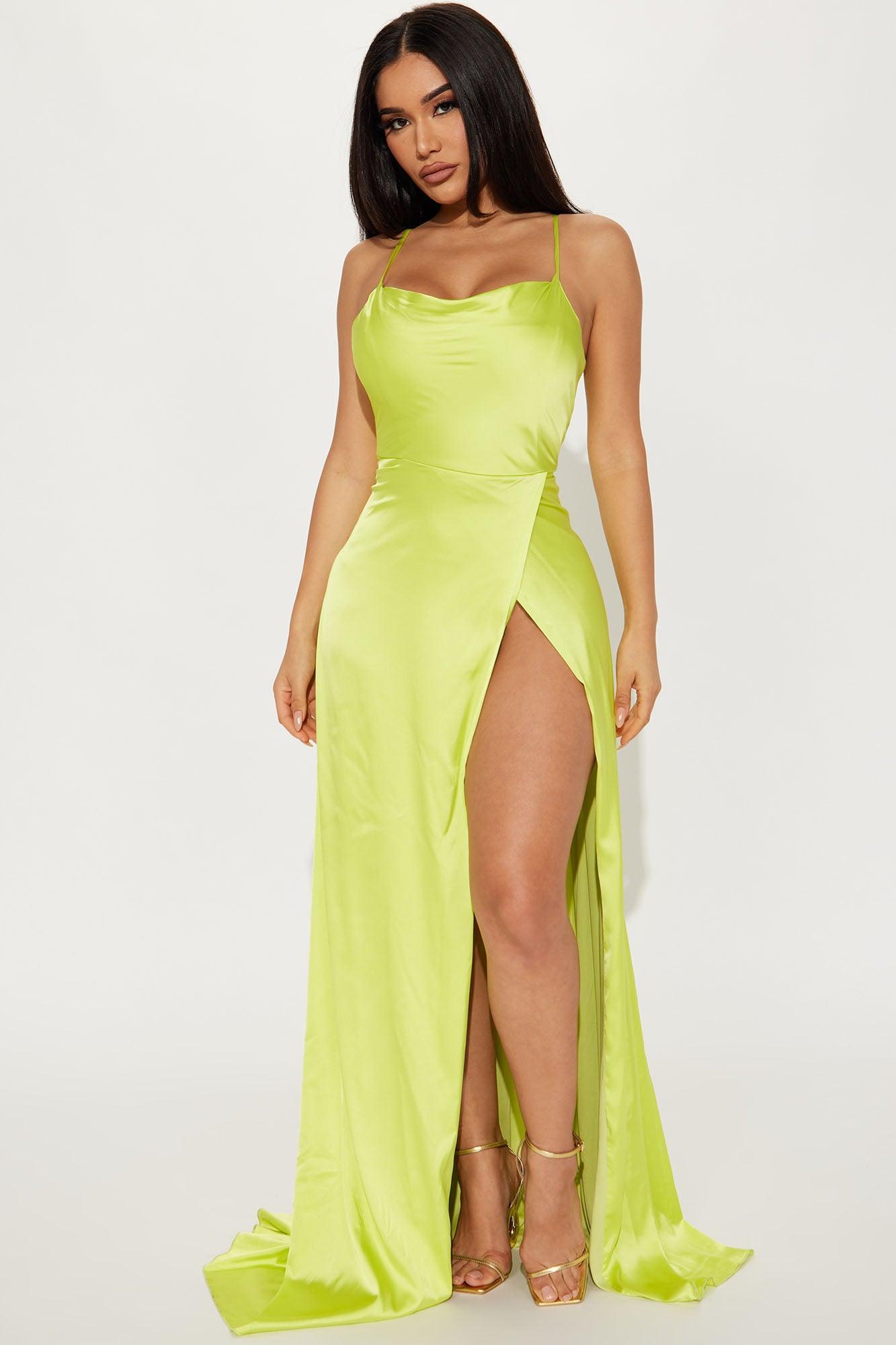 Alicia Satin Maxi Dress - Lime Product Image