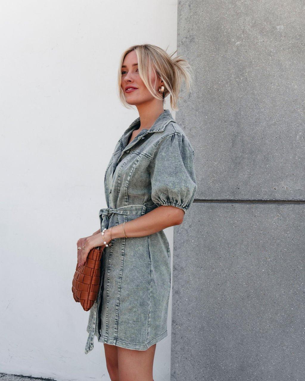 Olive Washed Button Down Mini Dress Product Image