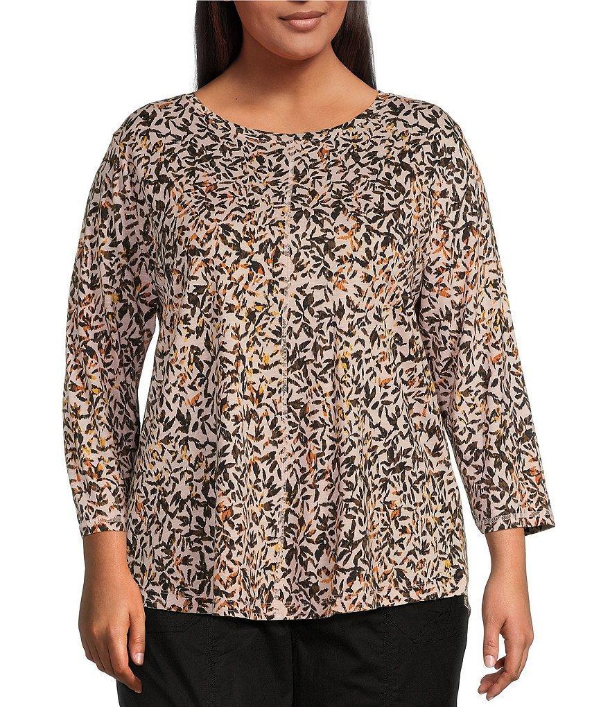 Westbound Plus Size Autumn Leaves Print 3/4 Sleeve Knit Crew Neck Top Product Image