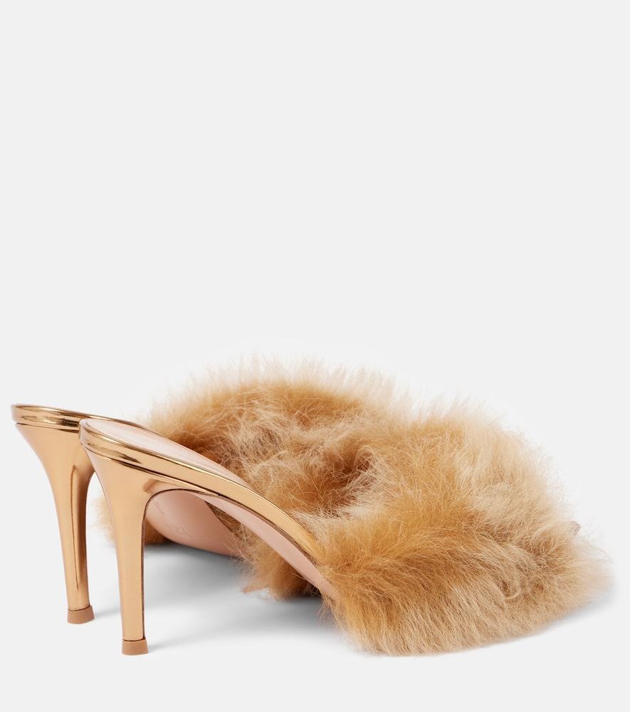 Pointy Shearling-trimmed Leather Mules In Beige Product Image