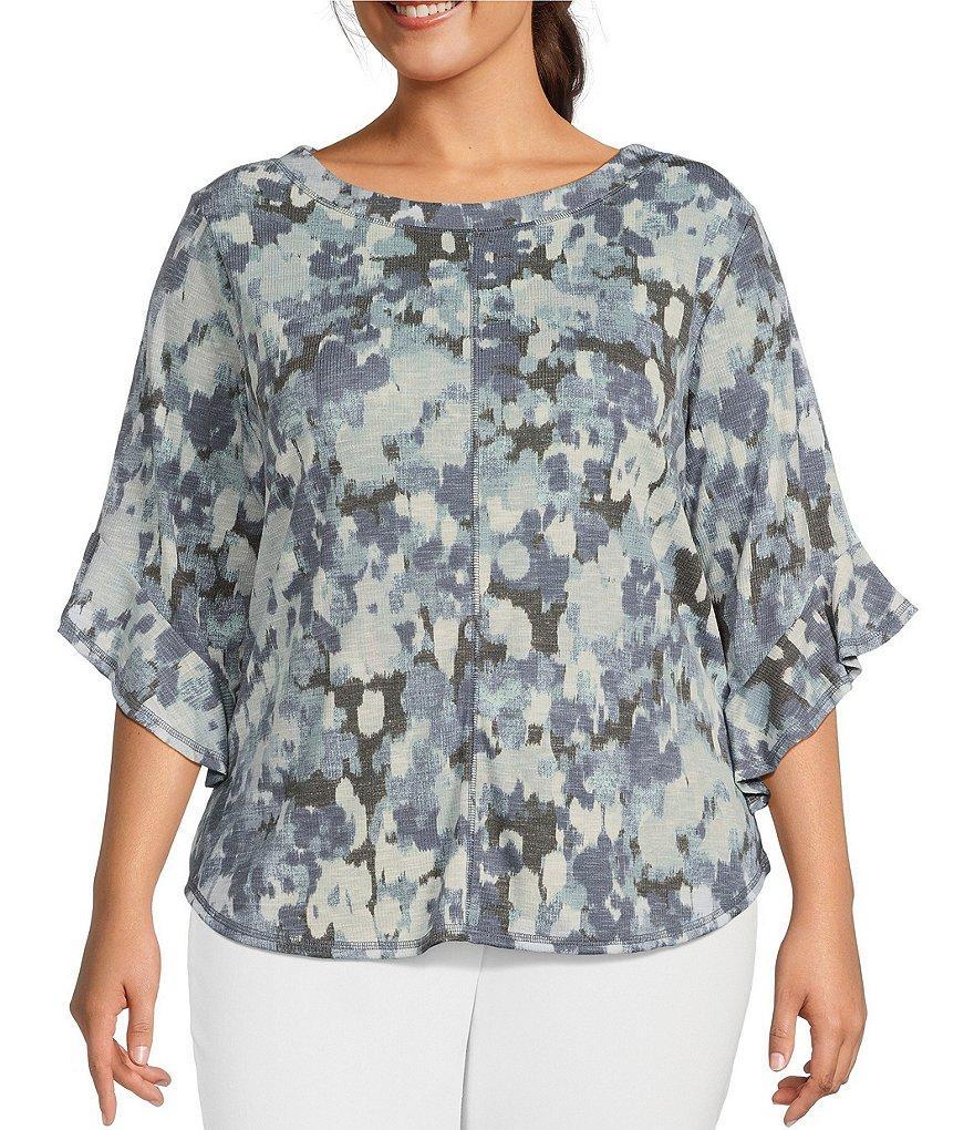 Westbound Plus Size Floral Print Knit Crew Neck 3/4 Ruffle Sleeve Top Product Image