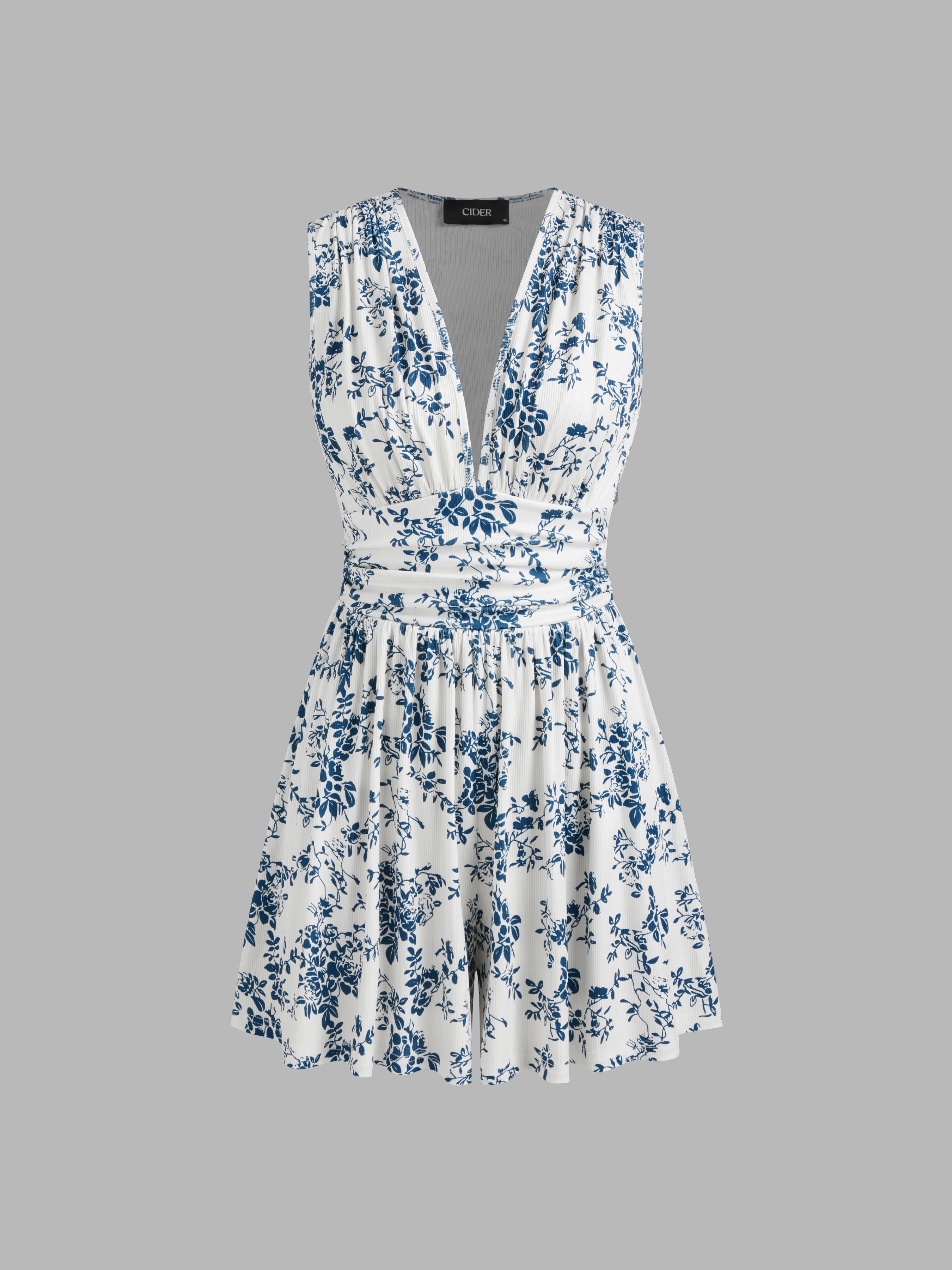 V-neck Floral Ruched Mini Dress Product Image