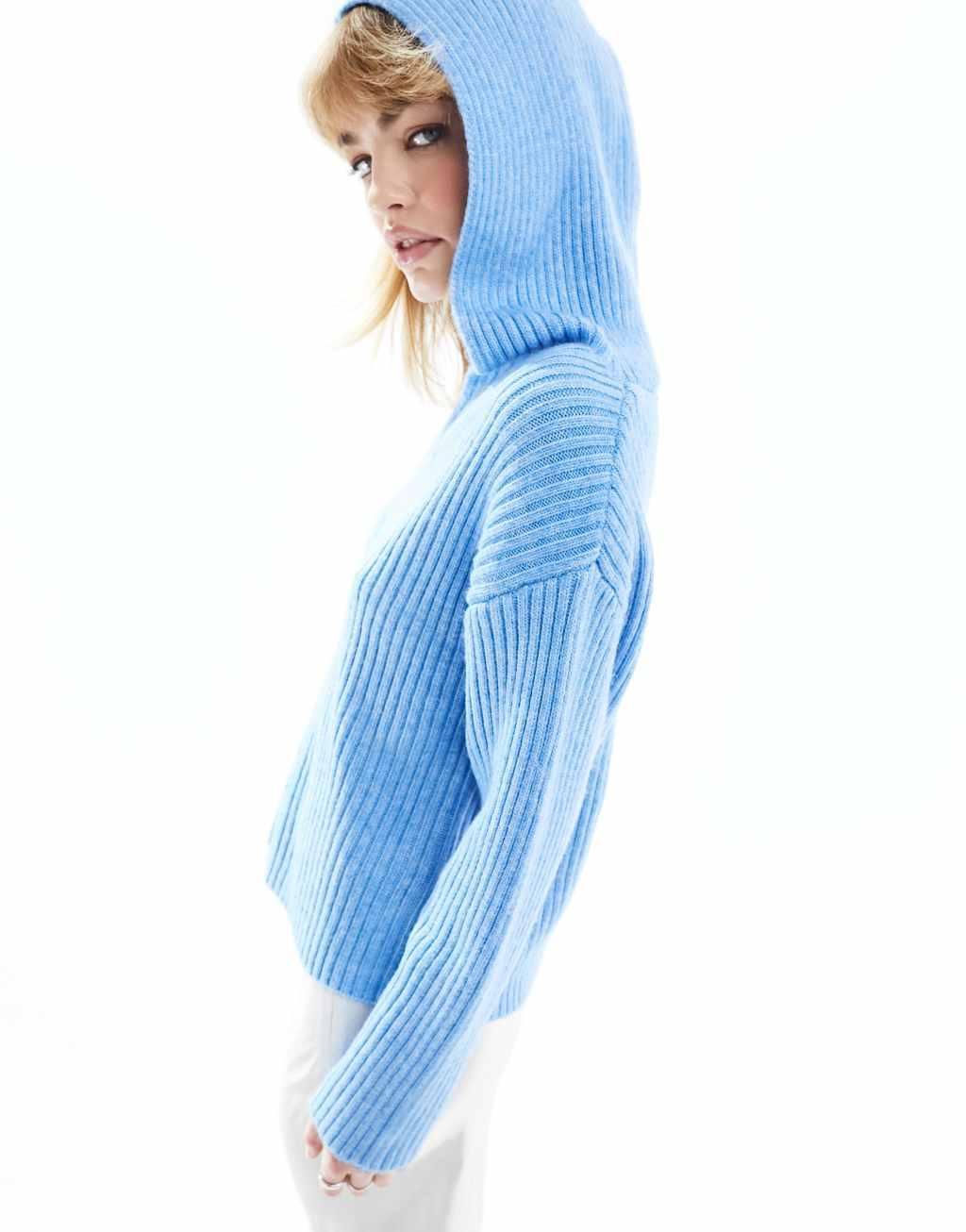 Monki v neck knitted hood sweater in blue Product Image