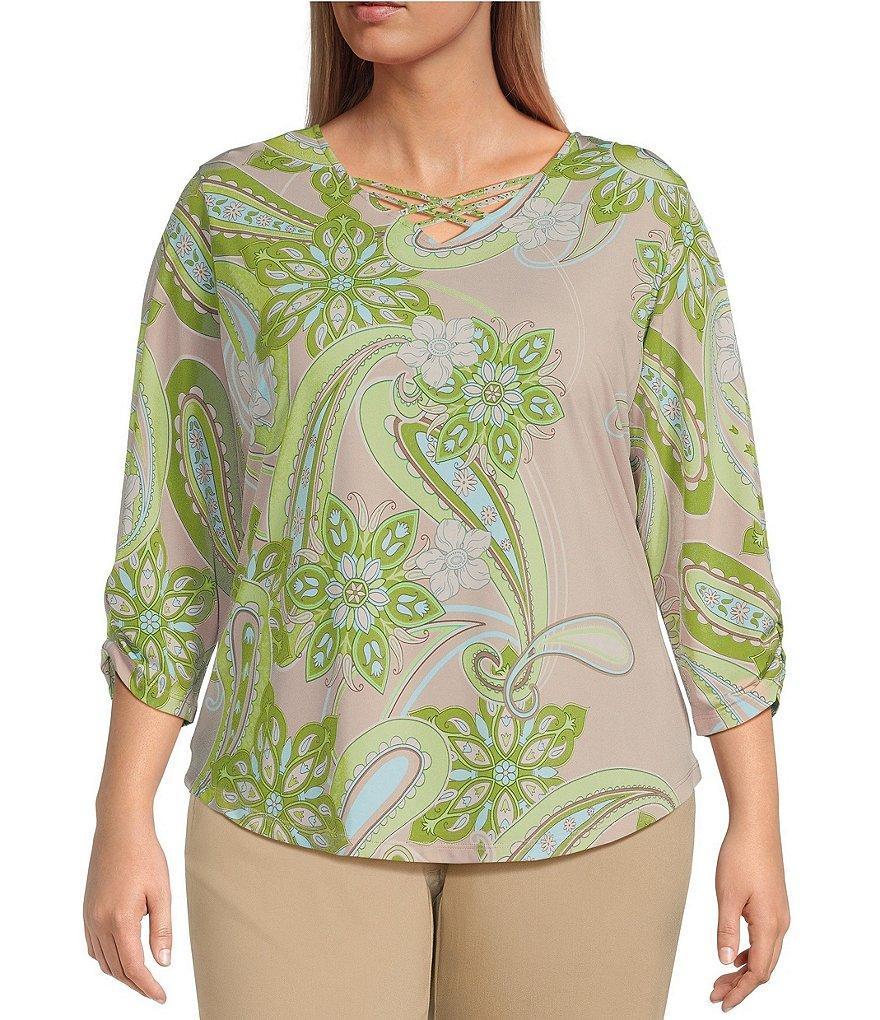 Allison Daley Plus Size Paisley Print 3/4 Ruched Sleeve Embellished Criss-Cross V-Neck Knit Top Product Image