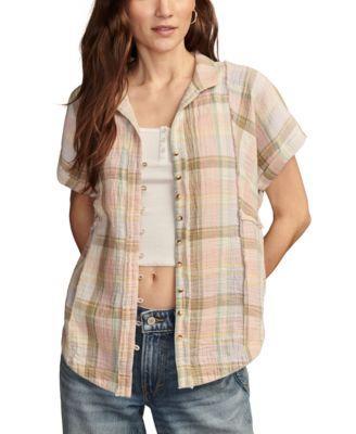 Women's Plaid Cotton Short-Sleeve Beach Shirt Product Image