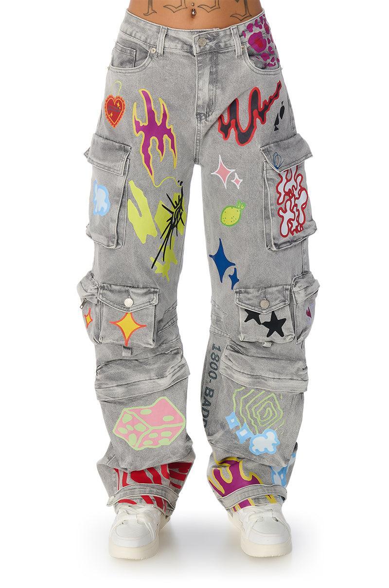 GRAFFITI DETAIL RELAXED LEG CARGO JEANS Product Image