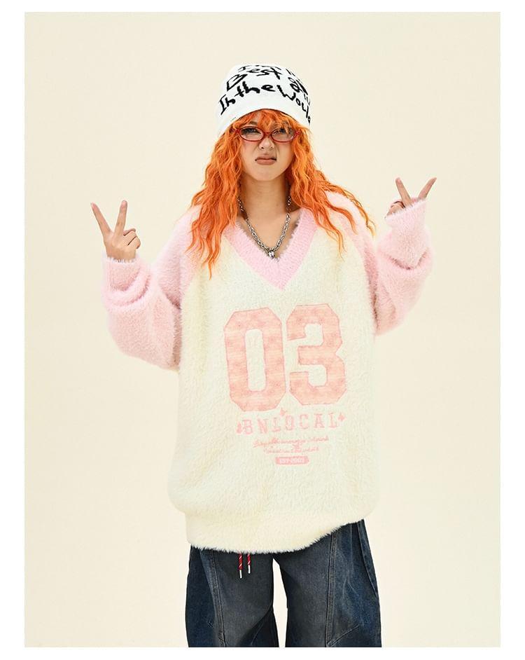 V-Neck Fluffy Numbering Raglan Oversized Sweater Product Image