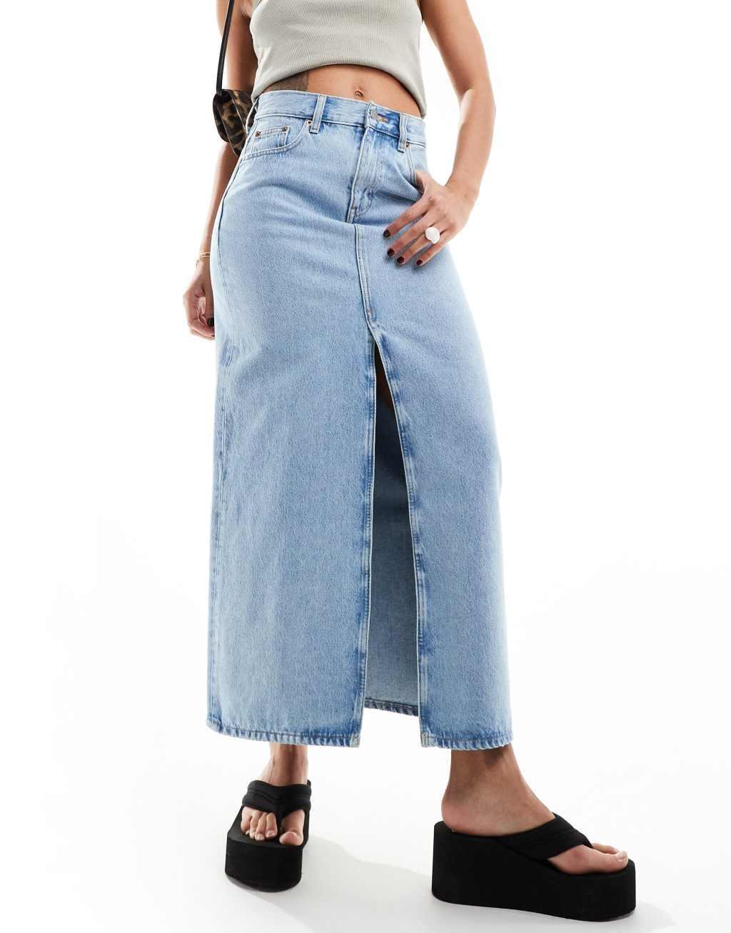 Dr Denim Myra maxi denim skirt with front slit in stream light blue retro wash Product Image