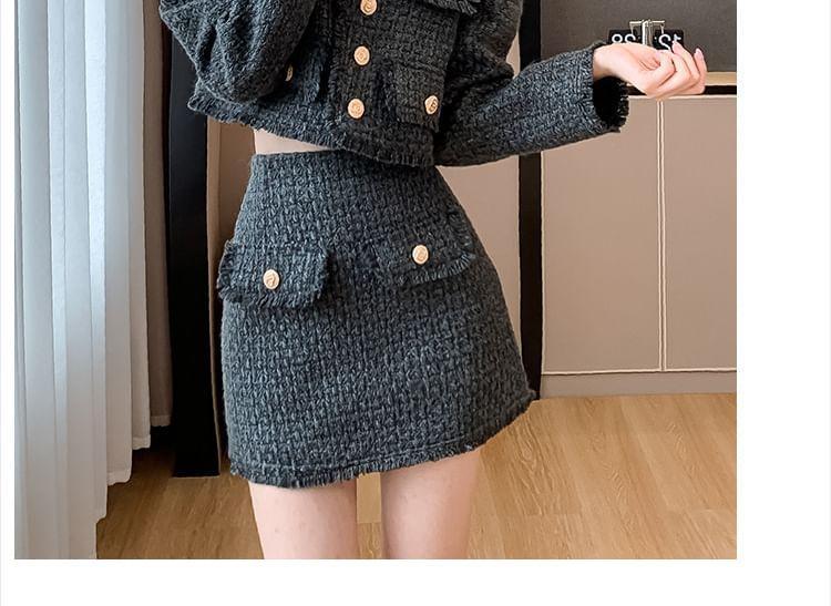 Set: V-Neck Frayed Button-Up Tweed Crop Jacket + High Waist Mini A-Line Skirt Product Image