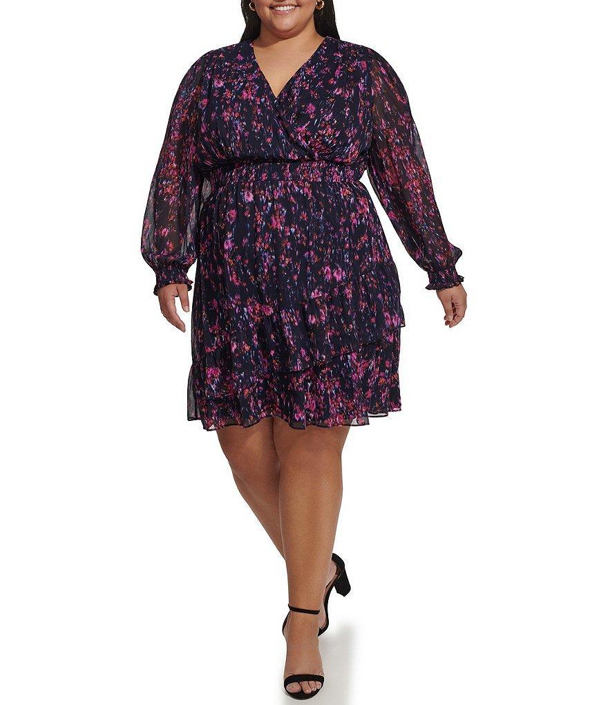 DKNY Plus Size Long Sleeve V-Neck Ruffled Skirt Floral Crinkle Chiffon Dress Product Image