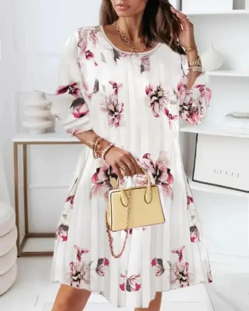 Olivia Mark – Floral Print Puff Sleeve Pleated Casual Dress Product Image