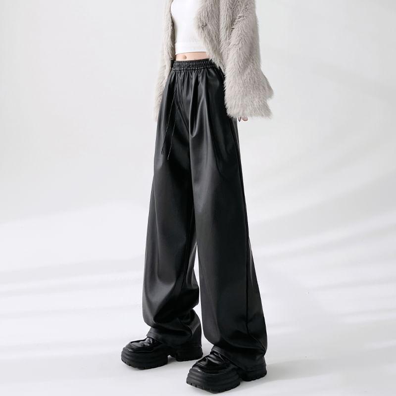 Elastic Waist Plain Faux Leather Wide Leg Pants Product Image