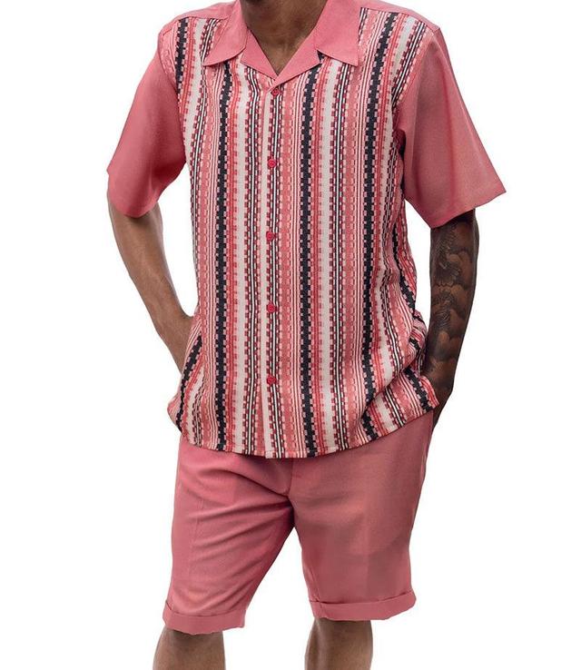 Pink Vertical Mini Plaid Walking Suit 2 Piece Set Short Sleeve Shirt with Shorts Product Image