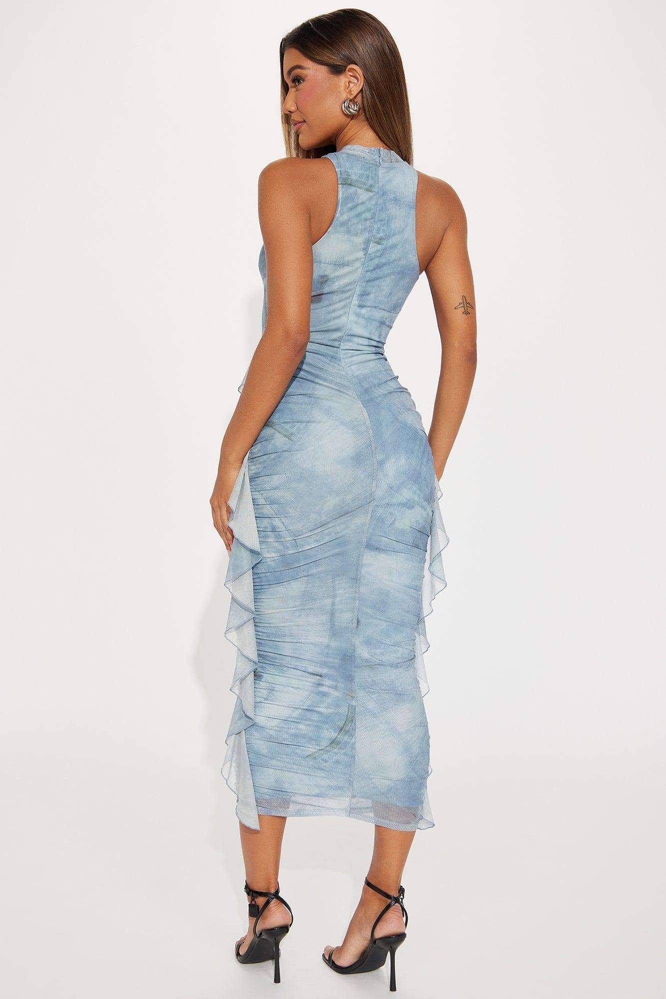 Jayla Ruched Mesh Maxi Dress - Light Blue Product Image