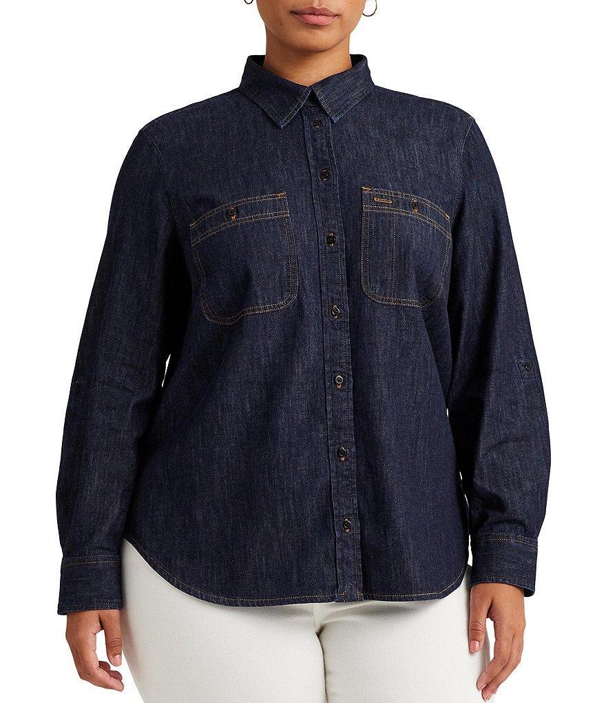 Lauren Ralph Lauren Plus Size Twill Denim Point Collar Patch Pocket Button Front Roll-Tab Sleeve Top Product Image