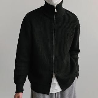 Collared Ribbed Plain Zip-Up Cardigan Product Image