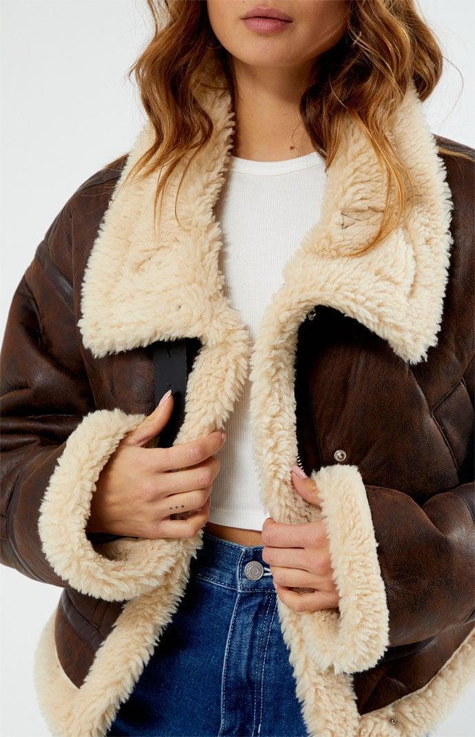 Women's Faux Leather Sherpa Moto Jacket in Brown/Tan - Product Image