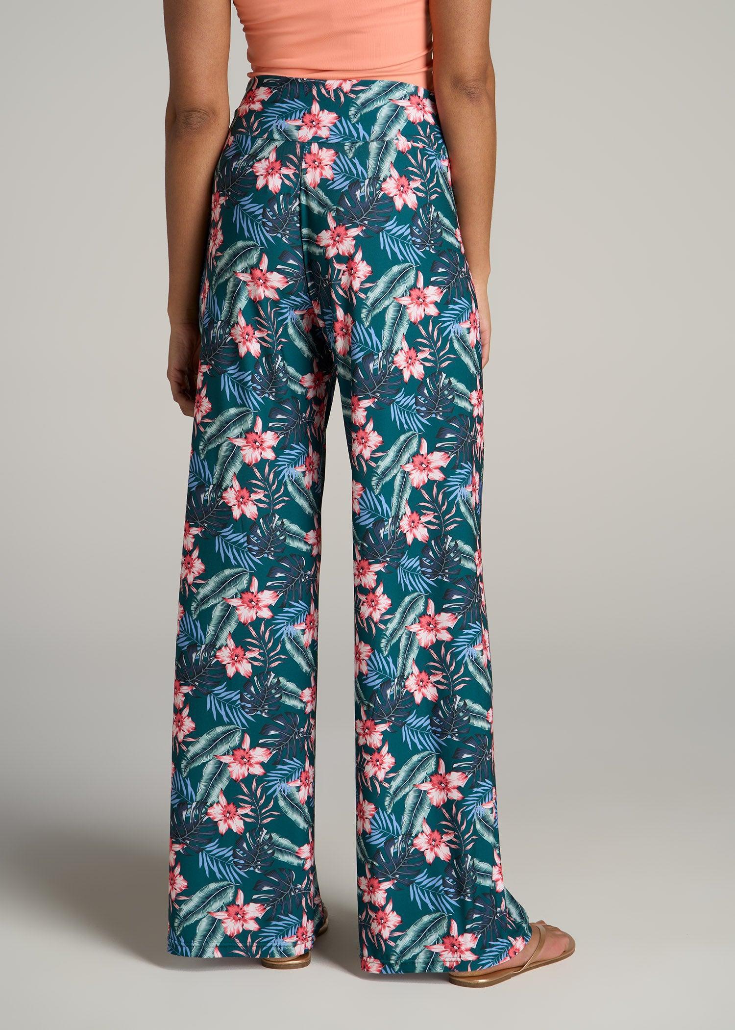 Pull On Breezy Wide Leg Pants for Tall Women in Green Tropical Floral Print Female Product Image