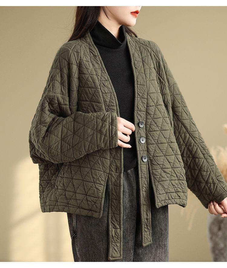 V-Neck Plain Quilted Kimono Jacket Product Image